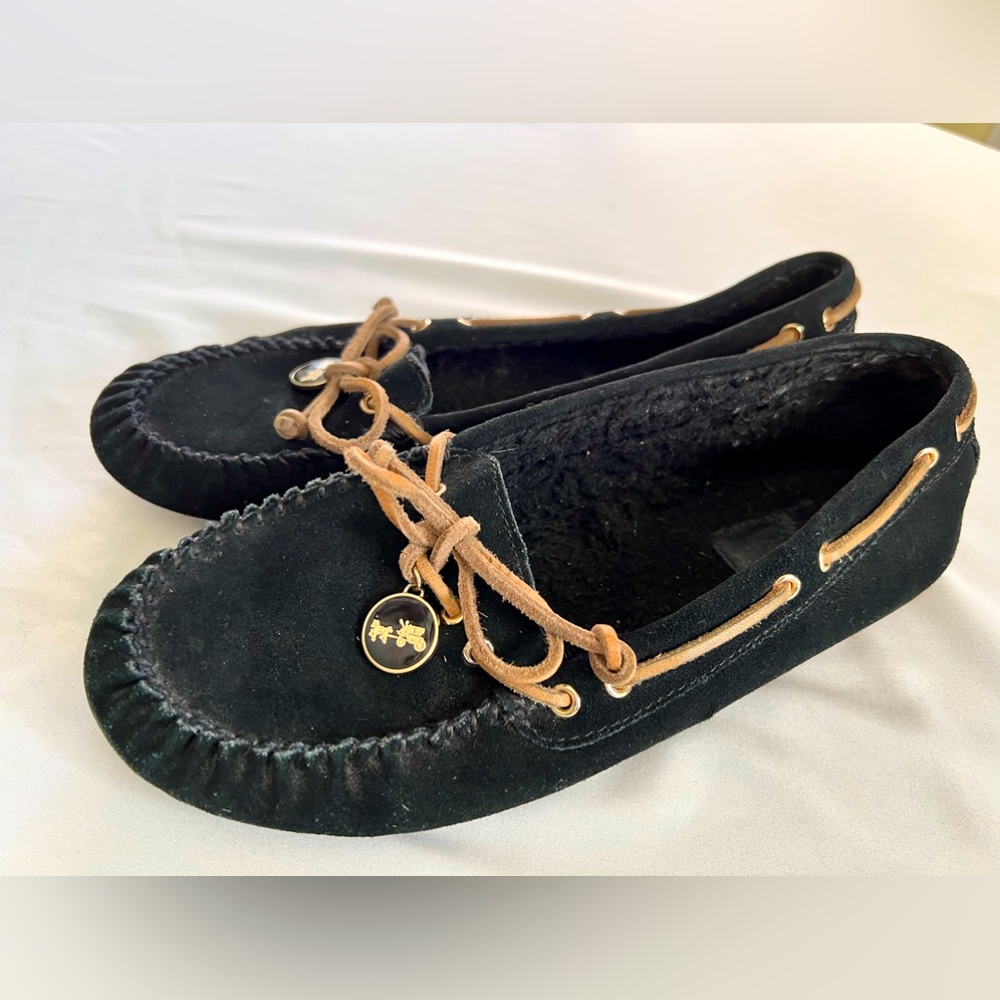 Coach Women's Antonia Shearling Suede Black Slip On Moccasin Shoes US 8.5